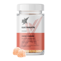 IOX Electrolyte supplement bottle with lemon and orange flavor on a white background