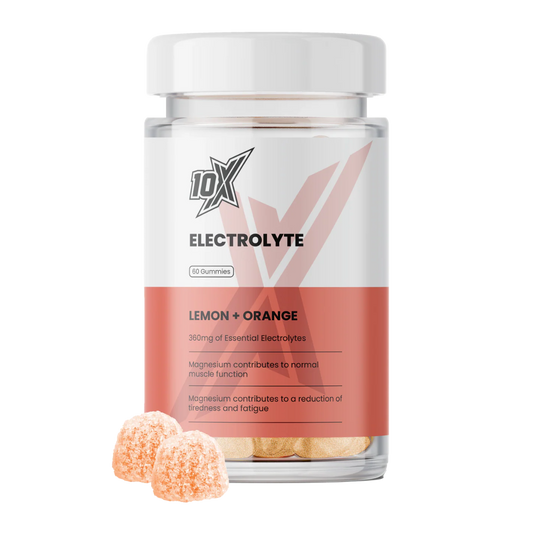 IOX Electrolyte supplement bottle with lemon and orange flavor on a white background