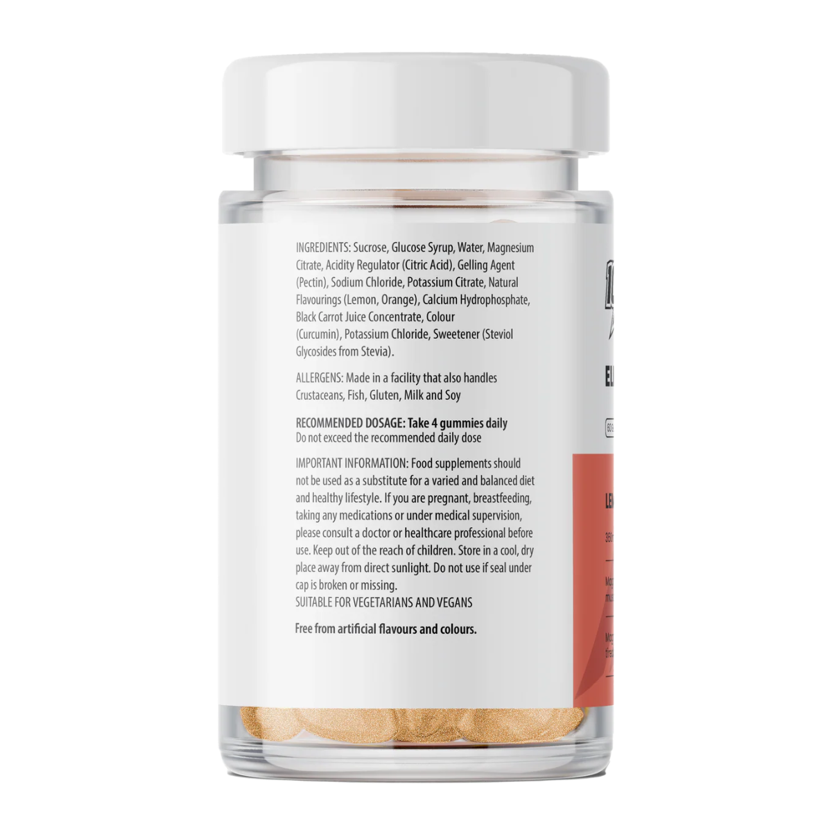 Back view of a supplement jar with ingredient list and warnings on a white background