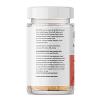 Back view of a supplement jar with ingredient list and warnings on a white background