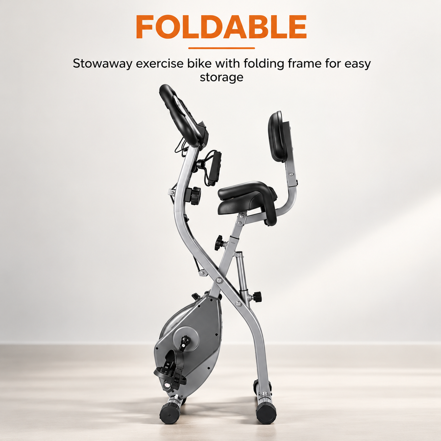 X-Fit Foldable Exercise Bike – Magnetic Resistance Indoor Cycling Bike with LCD Display & Resistance Bands