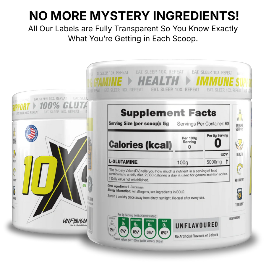 10X Athletic L-Glutamine Powder 300g | 5g Per Serving | 60 Servings | Unflavored | Vegan