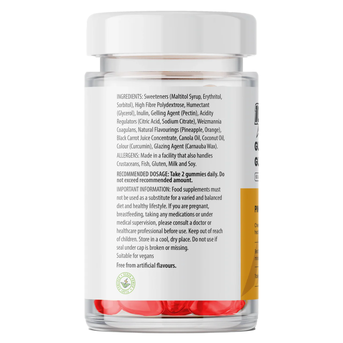 Back view of a supplement jar with a white label on a white background