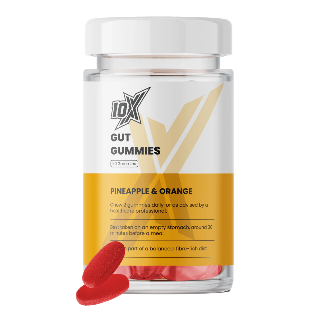 10X Gut Gummies container with two red gummies on a white background