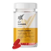 10X Gut Gummies container with two red gummies on a white background