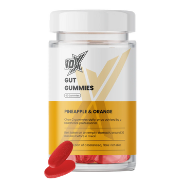 10X Gut Gummies container with two red gummies on a white background