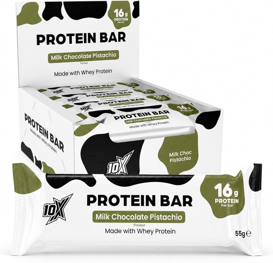 10X Athletic Protein Bars, Milk Chocolate Pistachio, 12 x 55g, 16g Protein per Bar, High Protein Snacks for Fitness & Performance