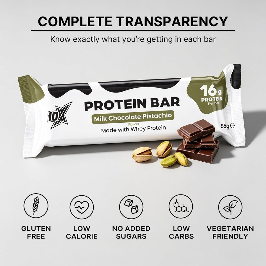 10X Athletic Protein Bars, Milk Chocolate Pistachio, 12 x 55g, 16g Protein per Bar, High Protein Snacks for Fitness & Performance