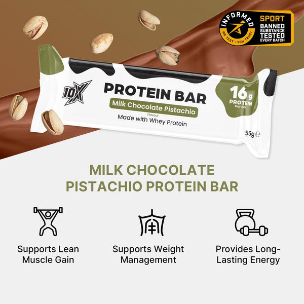 10X Athletic Protein Bars, Milk Chocolate Pistachio, 12 x 55g, 16g Protein per Bar, High Protein Snacks for Fitness & Performance