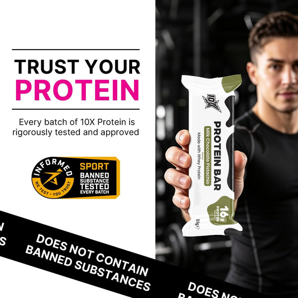 10X Athletic Protein Bars, Milk Chocolate Pistachio, 12 x 55g, 16g Protein per Bar, High Protein Snacks for Fitness & Performance