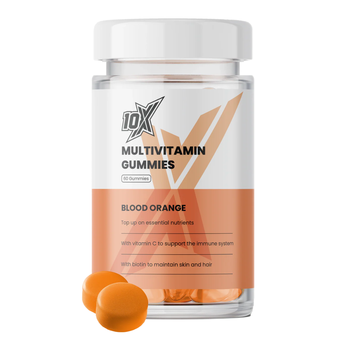 Multivitamin gummies in a 10X container with blood orange flavor on a white background