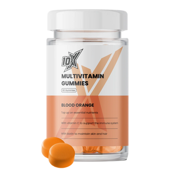 Multivitamin gummies in a 10X container with blood orange flavor on a white background