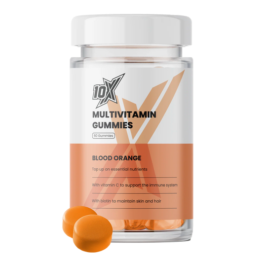 Multivitamin gummies in a 10X container with blood orange flavor on a white background