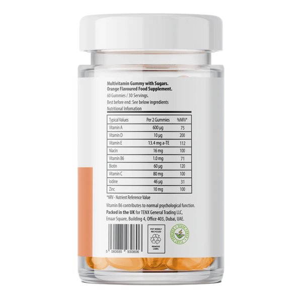Multivitamin supplement jar with nutritional information on a white background
