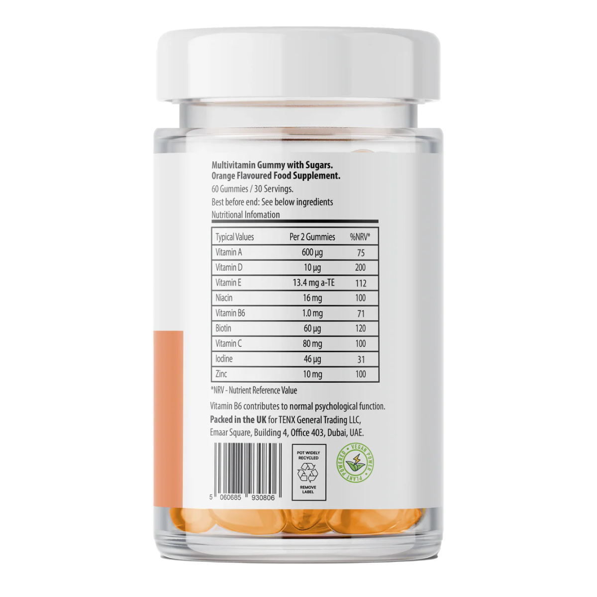Multivitamin supplement jar with nutritional information on a white background