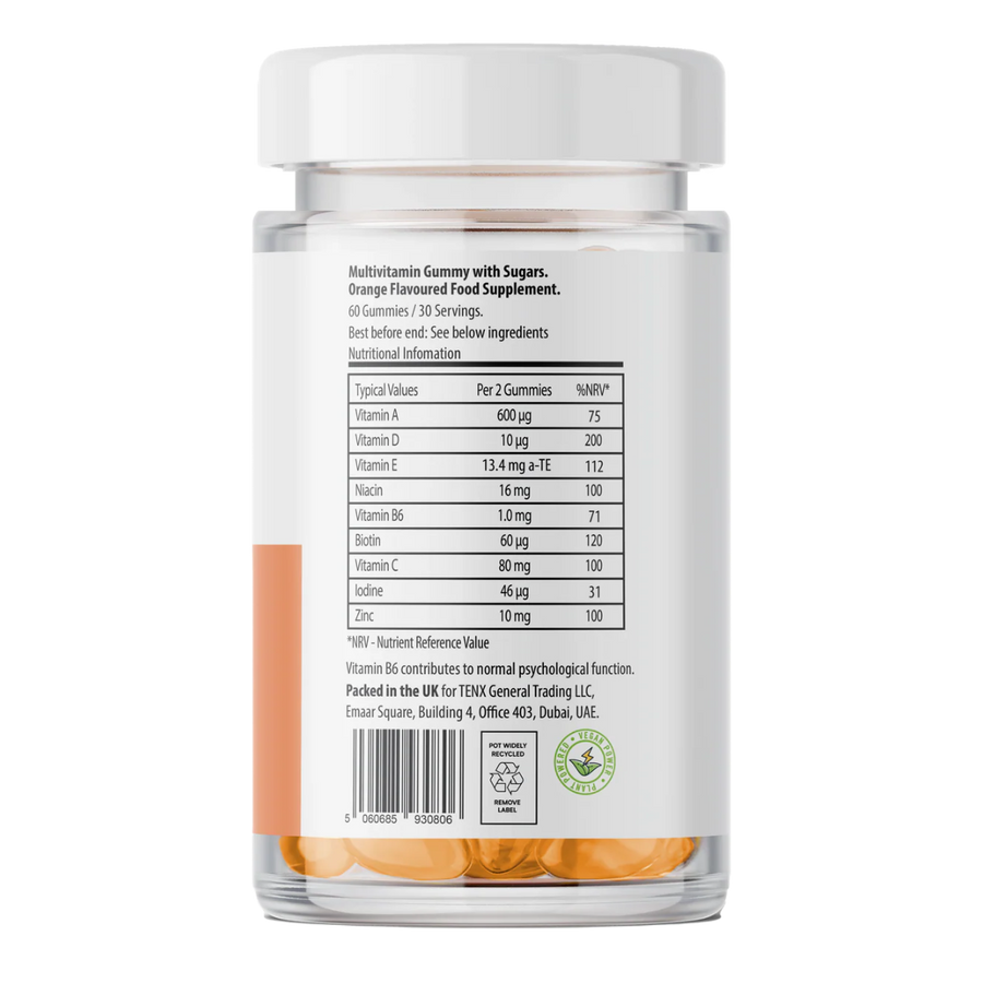 Multivitamin supplement jar with nutritional information on a white background