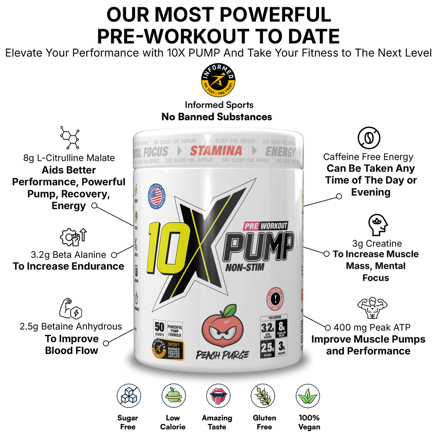10X Athletic PUMP Caffeine-Free Pre Workout Powder 600g | Non-Stim Formula | 50 Servings | 12g Per Serving | Sugar Free