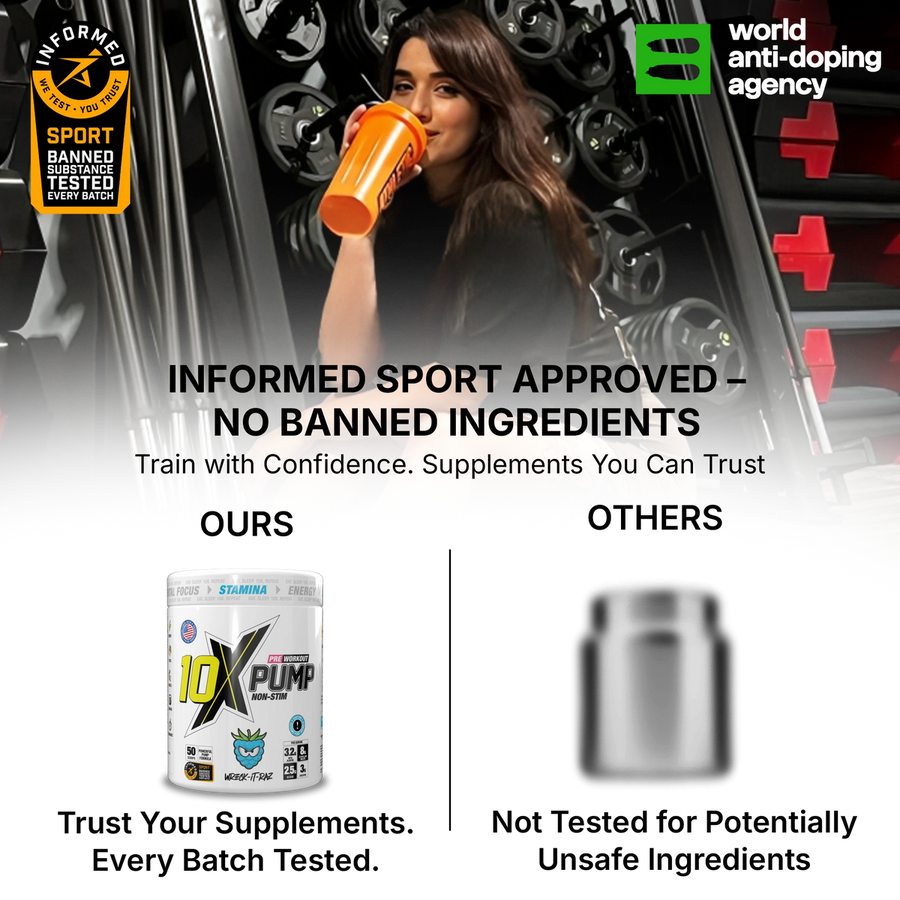 10X Athletic PUMP Caffeine-Free Pre Workout Powder 600g | Non-Stim Formula | 50 Servings | 12g Per Serving | Sugar Free