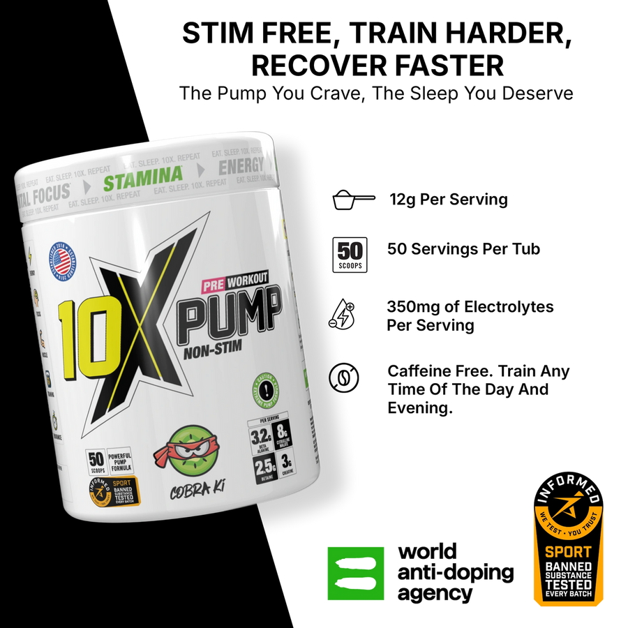 10X Athletic PUMP Caffeine-Free Pre Workout Powder 600g | Non-Stim Formula | 50 Servings | 12g Per Serving | Sugar Free