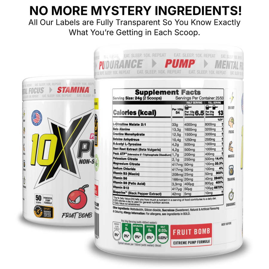 10X Athletic PUMP Caffeine-Free Pre Workout Powder 600g | Non-Stim Formula | 50 Servings | 12g Per Serving | Sugar Free