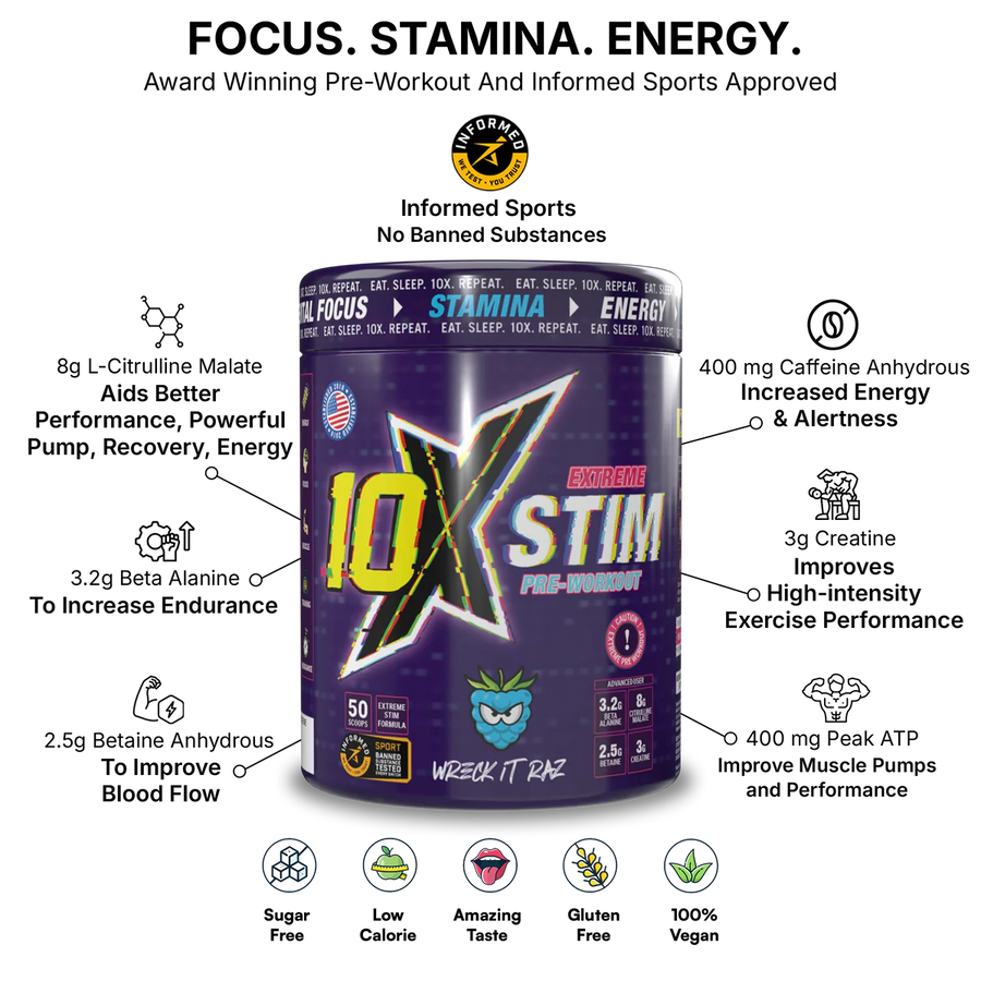 10X Athletic STIM Pre Workout Powder 600g | 400mg Caffeine