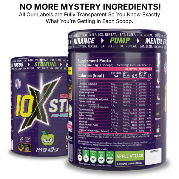 10X Athletic STIM Pre Workout Powder 600g | 400mg Caffeine | 50 Servings | 12g Per Serving | Sugar Free