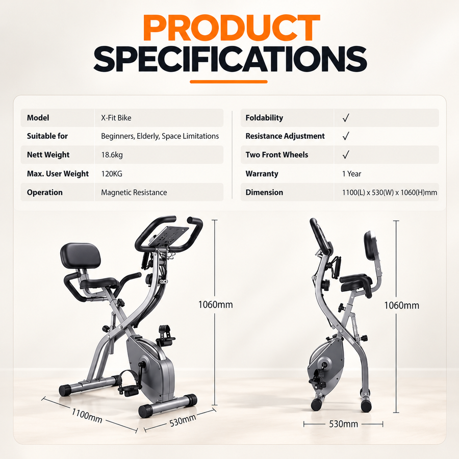X-Fit Foldable Exercise Bike – Magnetic Resistance Indoor Cycling Bike with LCD Display & Resistance Bands