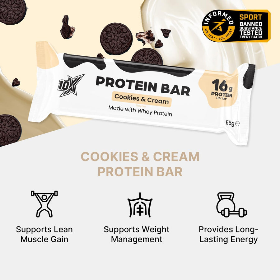 10X Athletic Cookies & Cream Protein Bars | 12 × 55g | 16g Protein per Bar