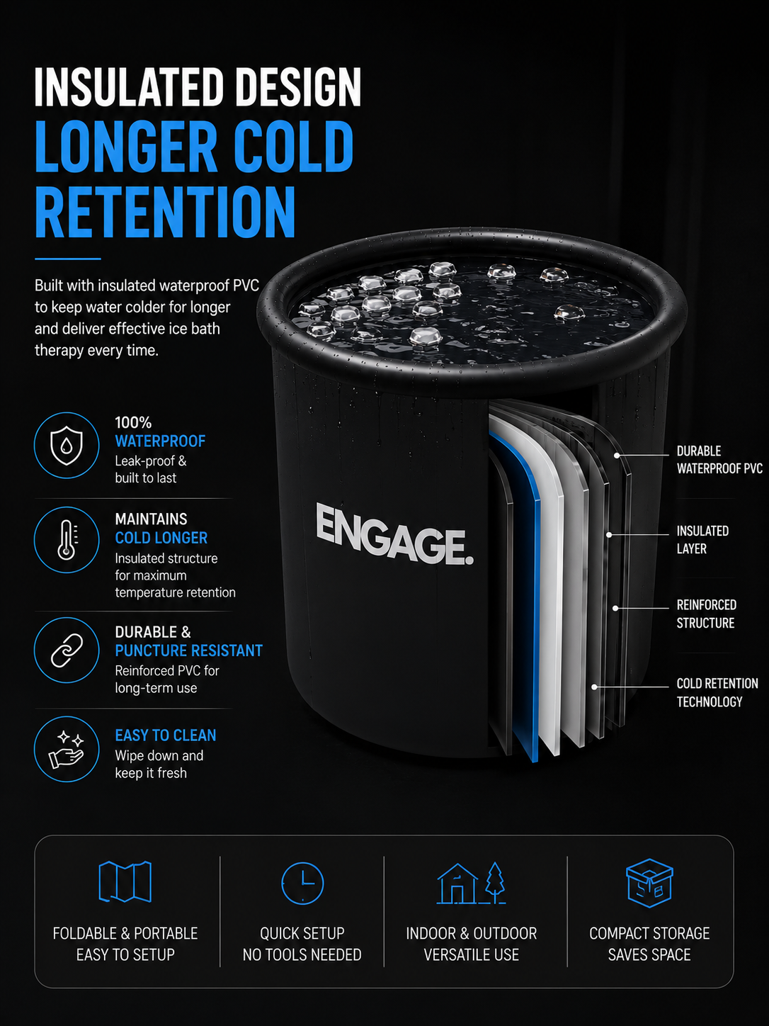 ENGAGE Portable Ice Bath Tub – Foldable Cold Plunge Tub for Athlete Recovery, Muscle Recovery & Ice Therapy