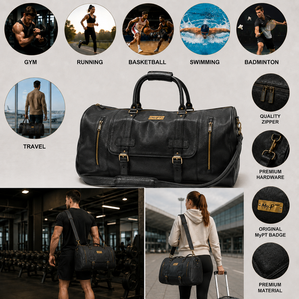 MyPT Leather Travel Duffel Bag | Premium Gym, Travel & Weekender Bag