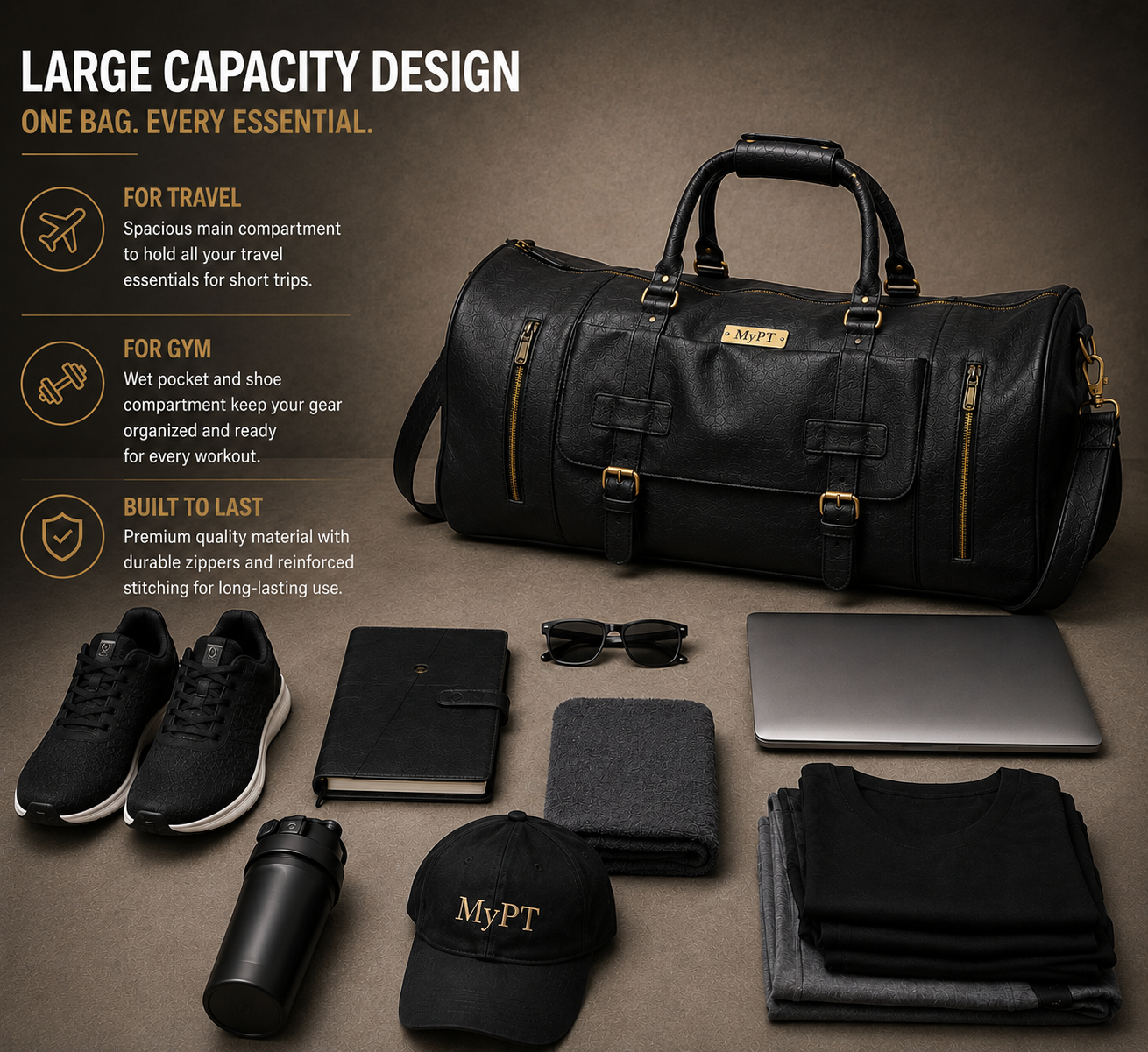 MyPT Leather Travel Duffel Bag | Premium Gym, Travel & Weekender Bag