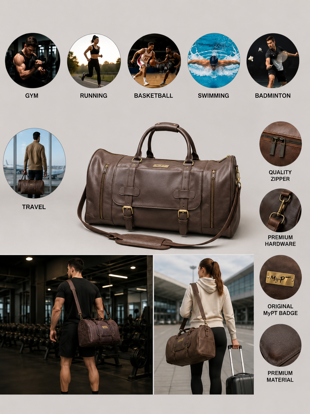 MyPT Leather Travel Duffel Bag | Premium Gym, Travel & Weekender Bag
