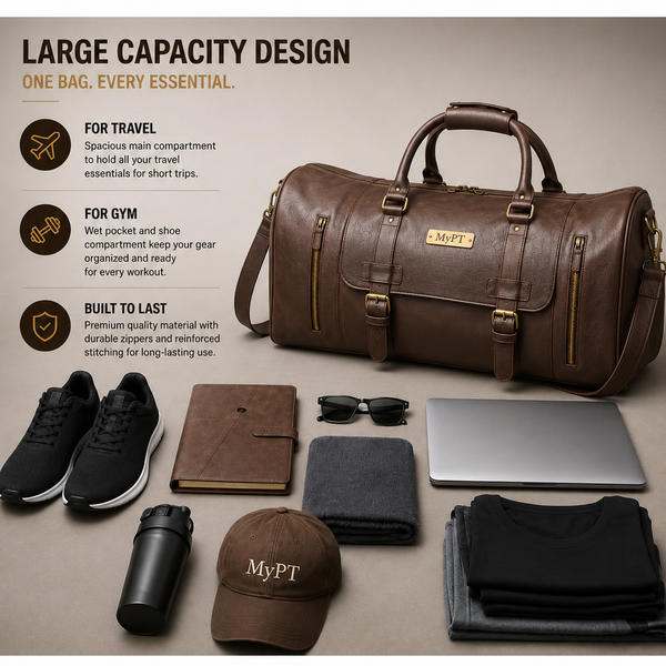 MyPT Leather Travel Duffel Bag | Premium Gym, Travel & Weekender Bag