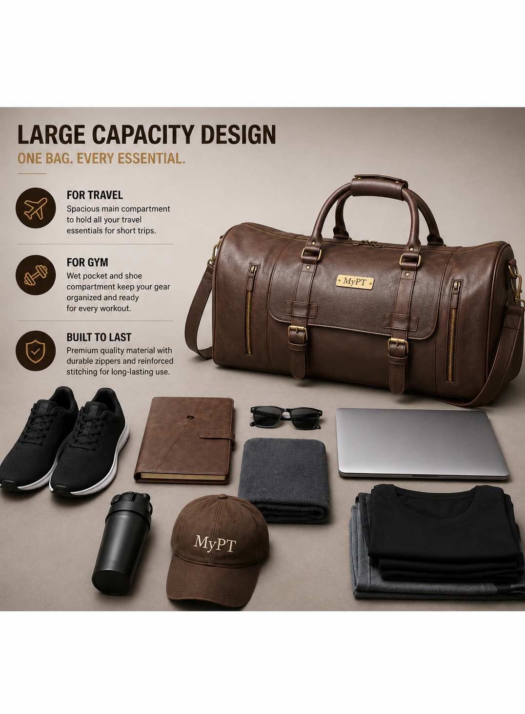 MyPT Leather Travel Duffel Bag | Premium Gym, Travel & Weekender Bag