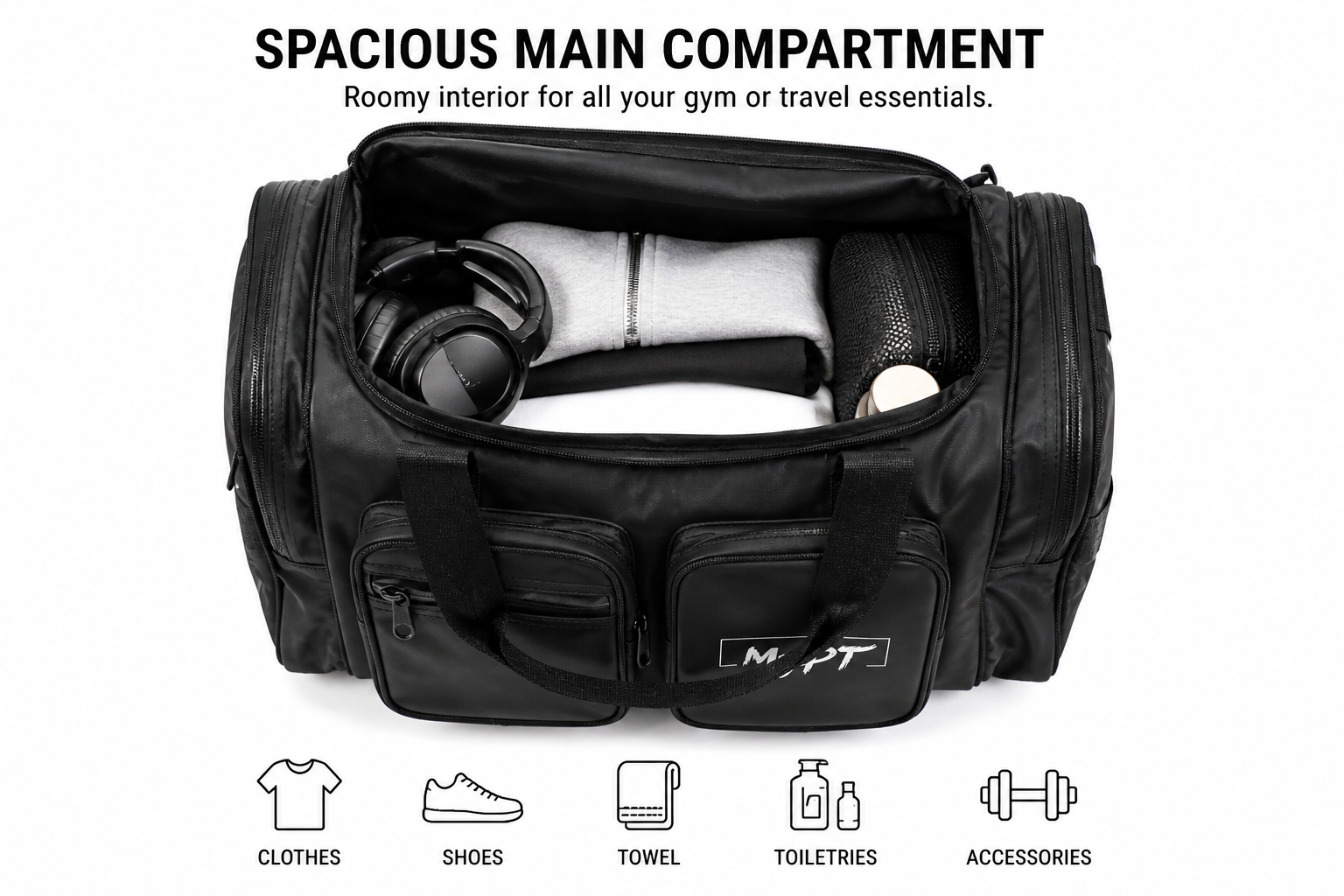 MyPT Gym Bag for Men Women, Sports Duffle Bag with Shoe Compartment, Multi Pocket Waterproof Travel Bag, Workout Overnight Weekender Carry On Bag, Black