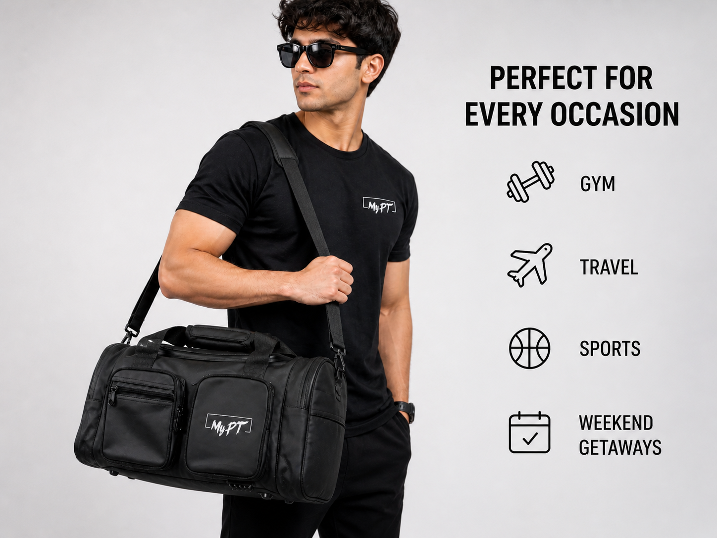 MyPT Gym Bag for Men Women, Sports Duffle Bag with Shoe Compartment, Multi Pocket Waterproof Travel Bag, Workout Overnight Weekender Carry On Bag, Black
