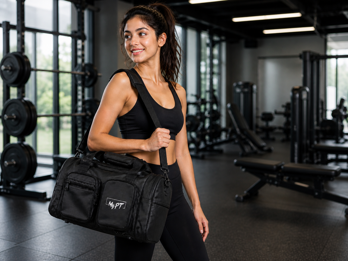 MyPT Gym Bag for Men Women, Sports Duffle Bag with Shoe Compartment, Multi Pocket Waterproof Travel Bag, Workout Overnight Weekender Carry On Bag, Black