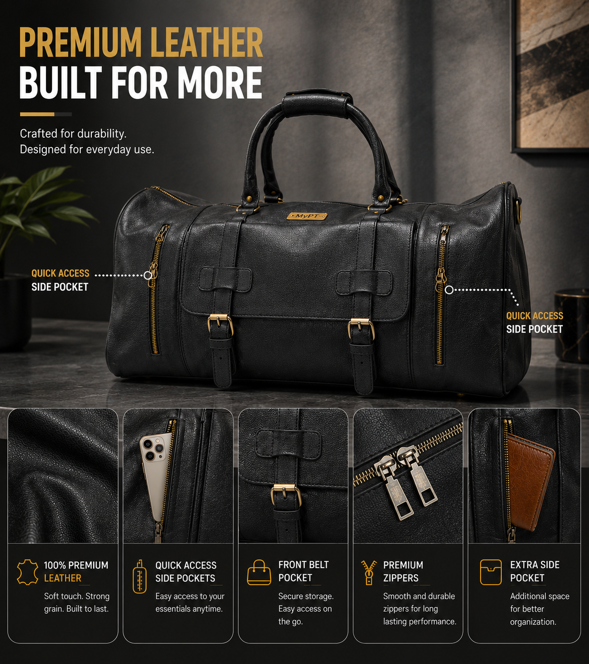 MyPT Leather Travel Duffel Bag | Premium Gym, Travel & Weekender Bag
