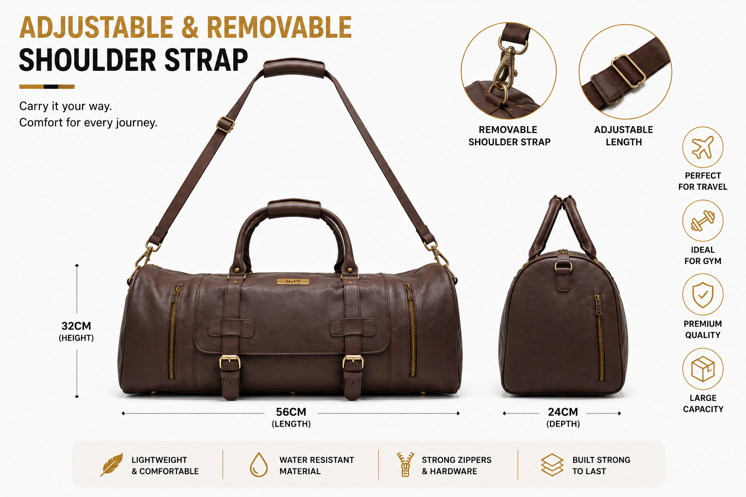 MyPT Leather Travel Duffel Bag | Premium Gym, Travel & Weekender Bag