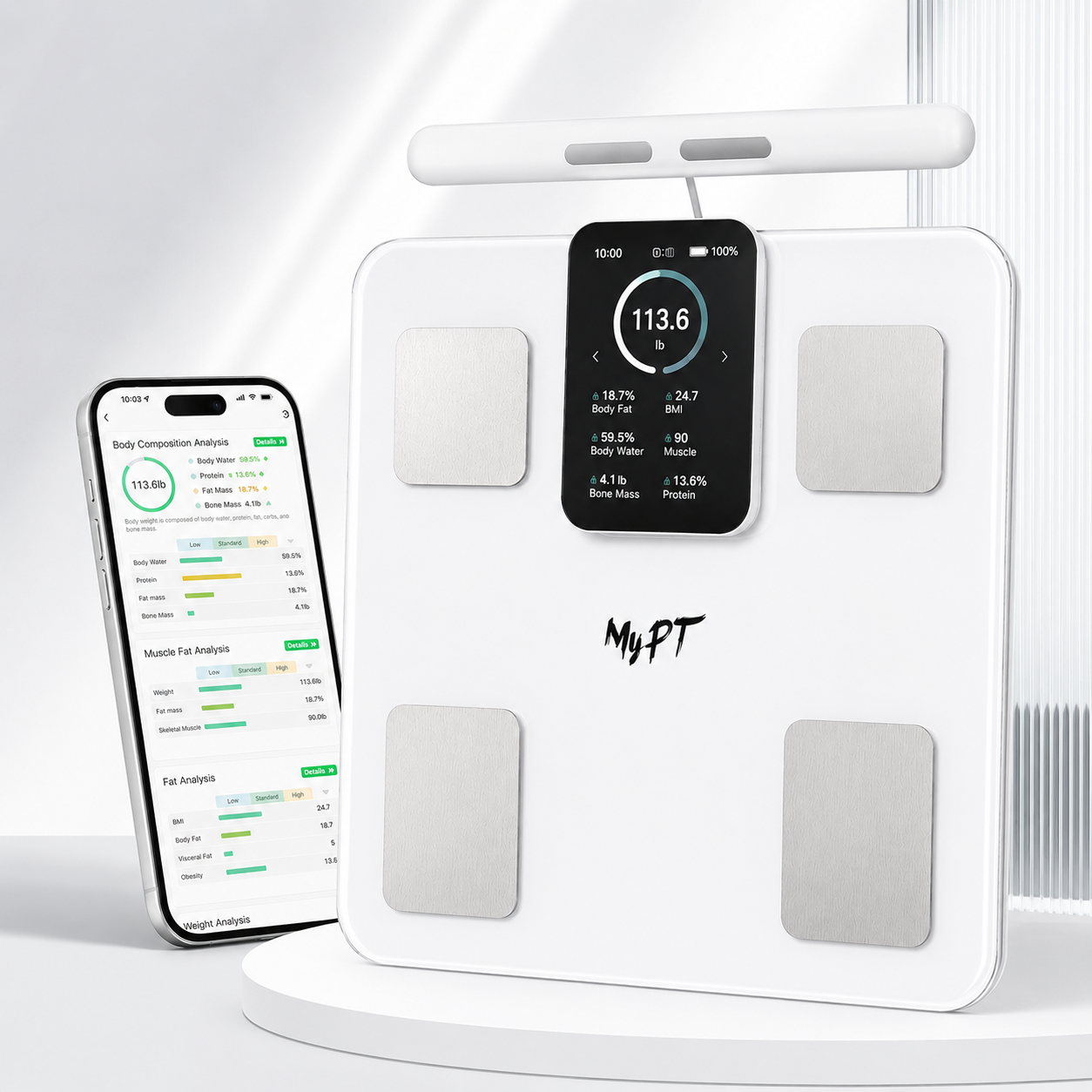 MyPT Smart Body Composition Scale | 8-Electrode | 43 Body Metrics | White