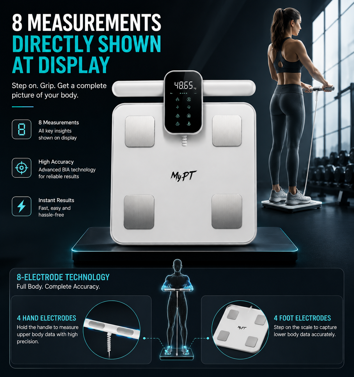 MyPT Smart Body Composition Scale | 8-Electrode | 43 Body Metrics | White