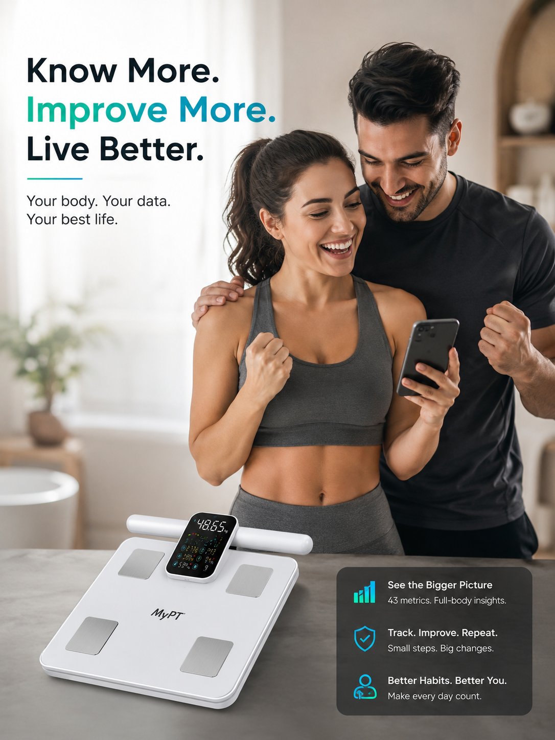 MyPT Smart Body Composition Scale | 8-Electrode | 43 Body Metrics | White