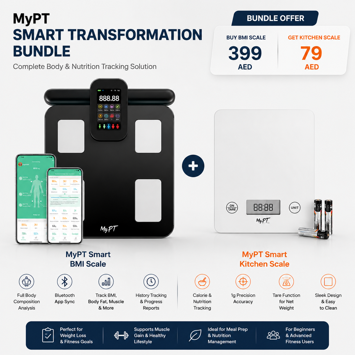 MyPT Smart Transformation Bundle | Body Composition Scale + Smart Nutrition Kitchen Scale | Bluetooth App Sync | BMI, Body Fat, Muscle & Calorie Tracking