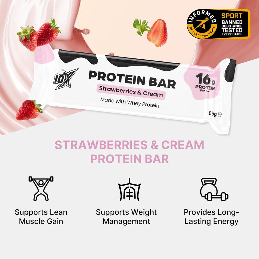 10X Athletic Strawberry & Cream Protein Bars | 12 × 55g | 16g Protein per Bar