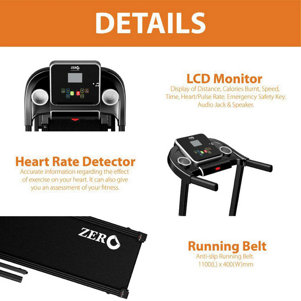 ZERO ZTR-15 Foldable Treadmill | 1.5HP Turbo Motor, 1–14 km/h Speed, 12 Auto Programs, Heart Rate Monitor & Built-in MP3 Speaker for Home Gym
