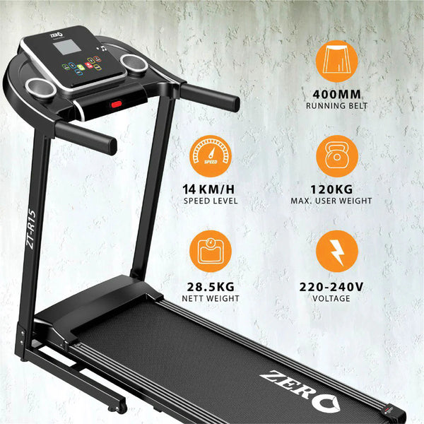 ZERO ZTR-15 Foldable Treadmill | 1.5HP Turbo Motor, 1–14 km/h Speed, 12 Auto Programs, Heart Rate Monitor & Built-in MP3 Speaker for Home Gym